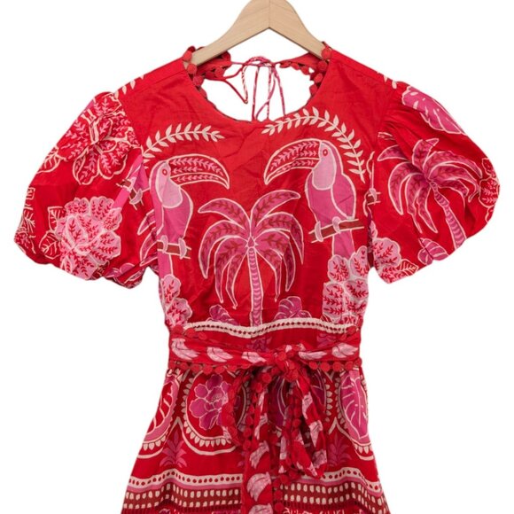 FARM Rio Summer Sunrise Midi Dress Red Short Sleeve Belted Back Cut Out Size S - Picture 3 of 13